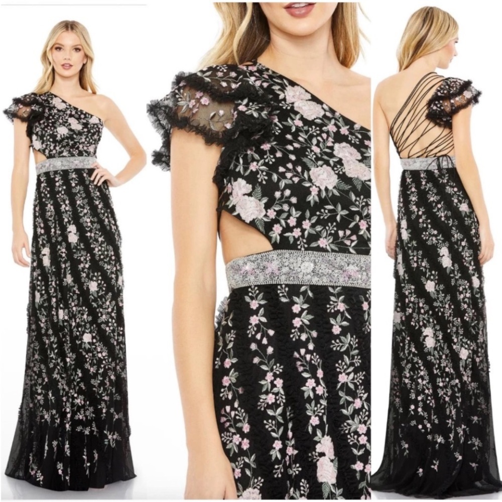 Mac Duggal Embroidered Floral‎ Ruffled One Shoulder Lace Up Gown Black Size 12
